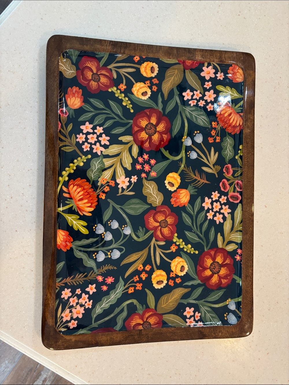 Wooden Floral Serving Tray with Dark Navy Floral Pattern - Picture 8 of 12